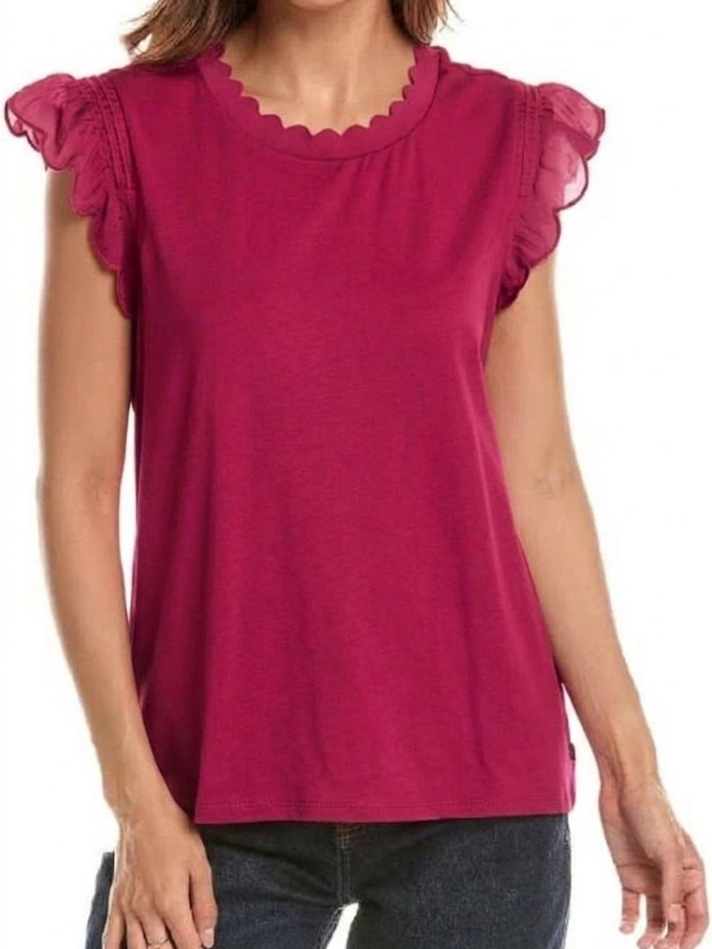 Karl Lagerfeld Paris Scallop Ruffle Sleeve Knit Top Fuchsia Size M